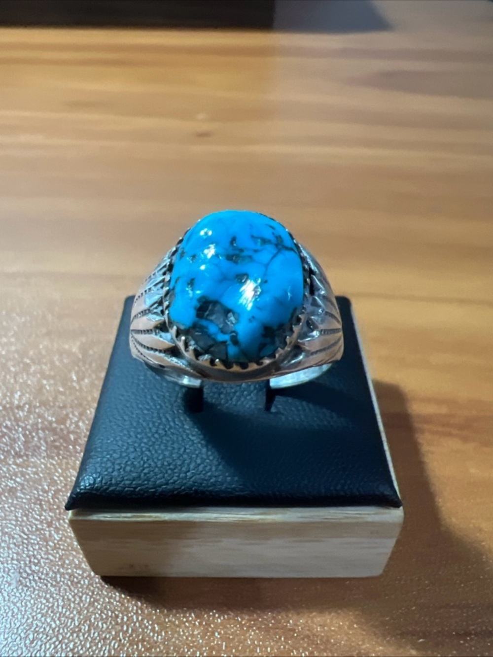 Vtg Robert & Bernice Leekya Zuni Kingman Turquoise Sterling Silver Ring Size 10